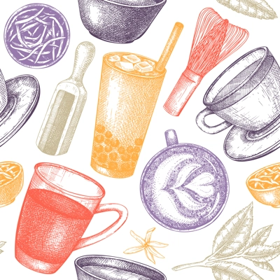 Hand-sketched tea drinks and ingredients seamless pattern. Vector backdrop with hot beverage cups, dried leaves, jasmine blossoms sketches. Popular tea background for cafe or restaurant menu design